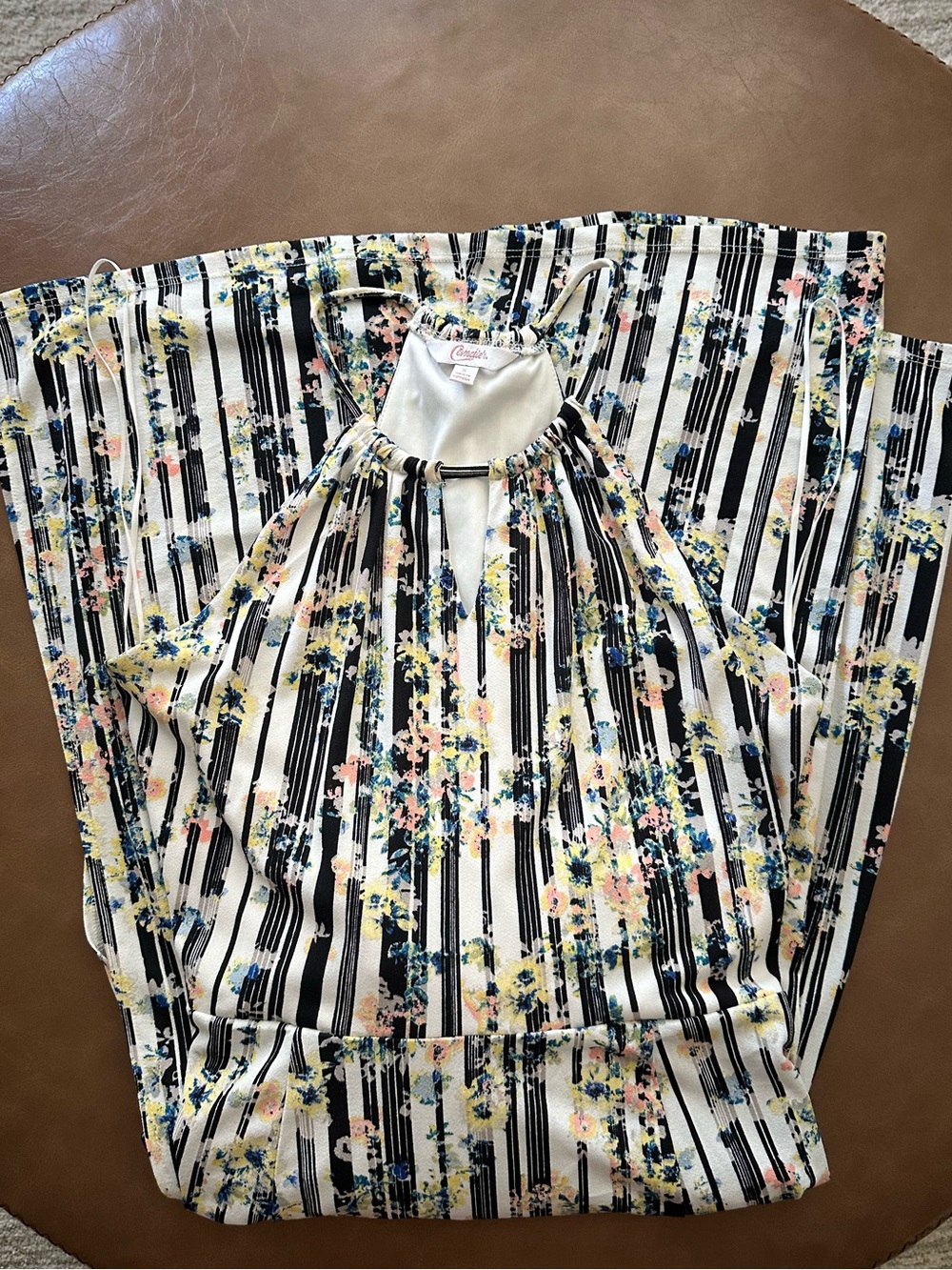 Candie's Black & White Striped Dress with Pastel Floral Accents